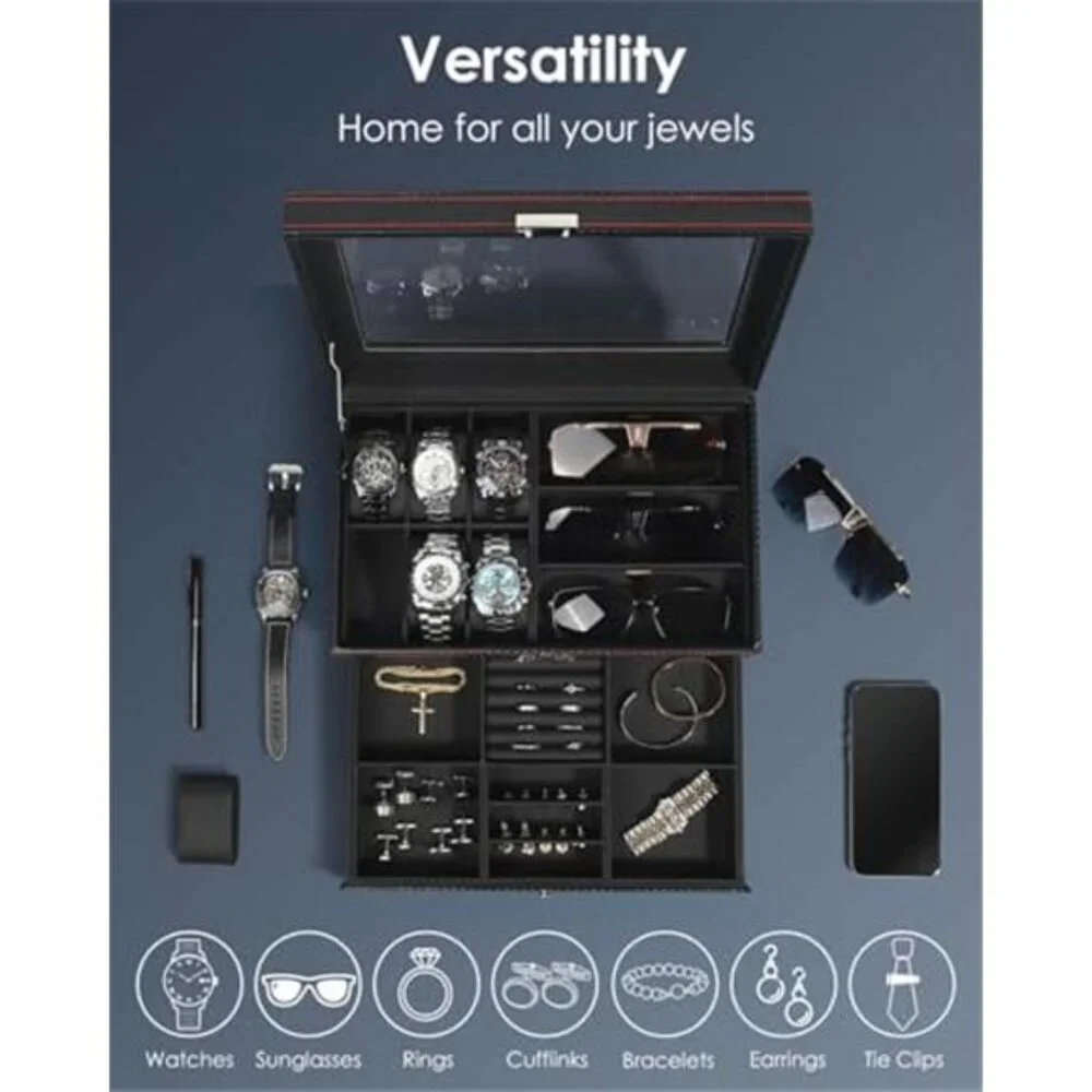Watch Jewelry Box Organizer 6-Slot 2-Layer Watch Case and Sunglasses Storage